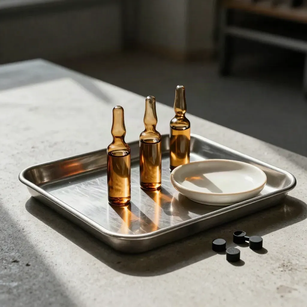Amber vials and rubber stoppers on a stainless tray in dramatic low light.