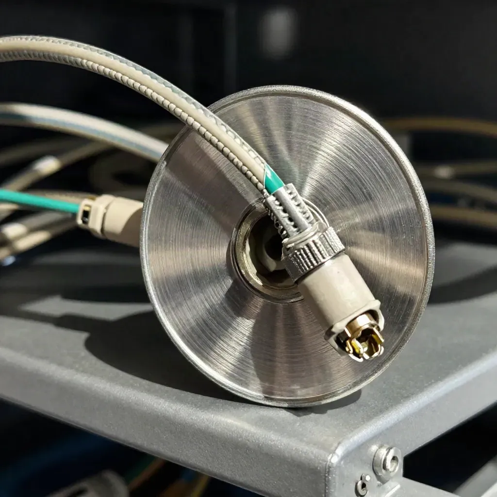 Macro of a brushed-metal cable spool with braided patch leads and a compact network block in dark bokeh