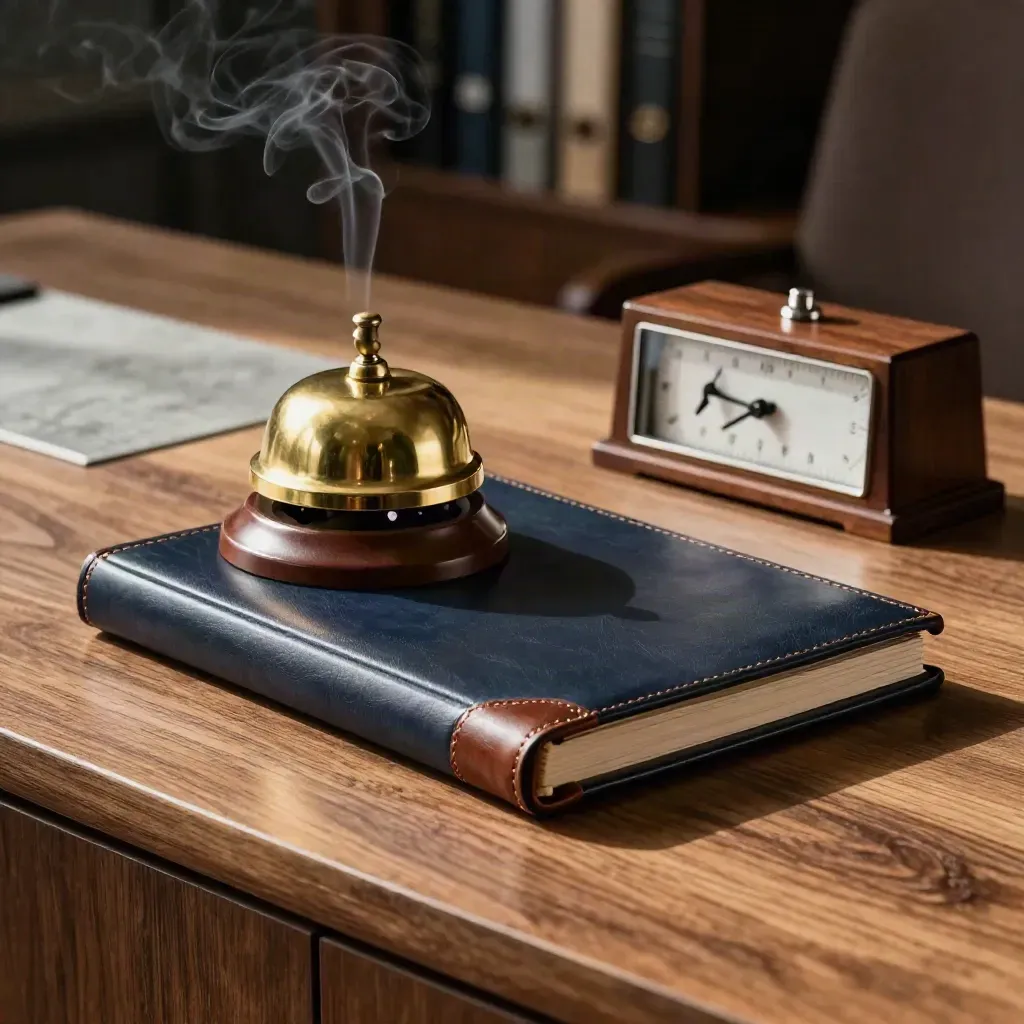 Leather folio, brass bell and walnut timer on a boardroom sideboard with smoke and bokeh.
