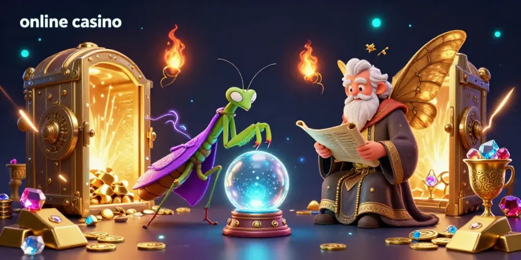 Experience an enchanting online casino scene with a fortune teller, ancient scrolls, and treasures.