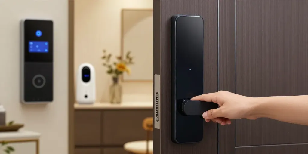 Smart lock being used to secure home entry with modern design elements.