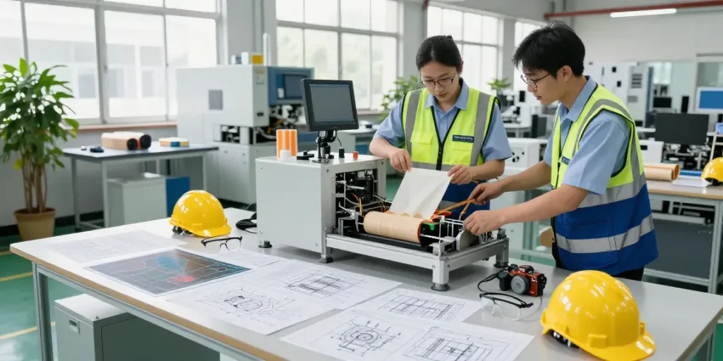 Engineers collaborating as a packaging equipment manufacturer designs heavy bagging systems in a dynamic industrial setting.