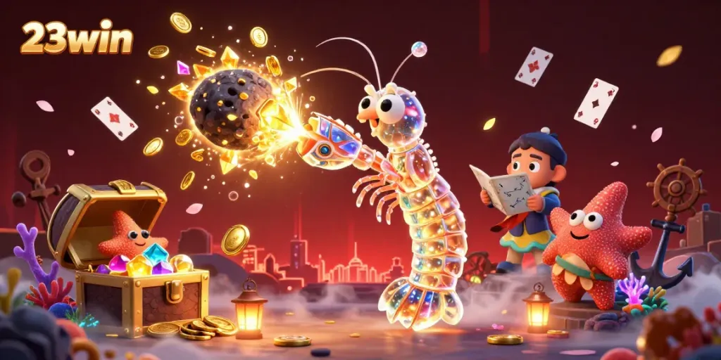 Experience the excitement of 23win with a galactic mantis shrimp battling an asteroid for treasure.