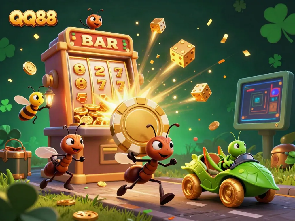 Watch QQ88's playful ant crew on a golden poker chip heist amidst a jackpot explosion, showcasing vibrant casino fun.