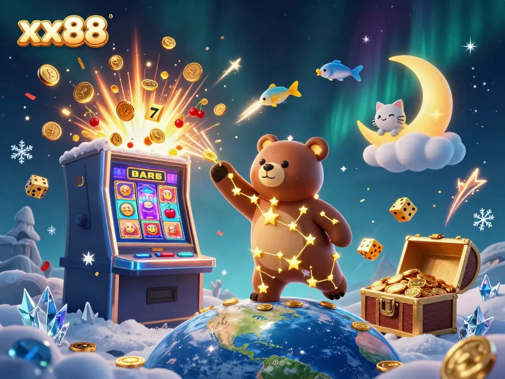 Experience big wins with xx88 in this vibrant casino-themed illustration featuring golden slot machines.