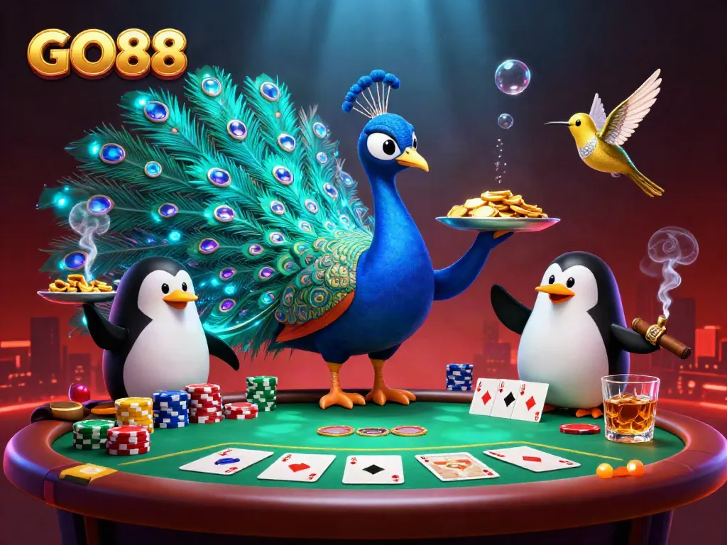 Experience GO88's luxurious casino scene with an opulent peacock, butler penguin, and golden hummingbird playing poker.