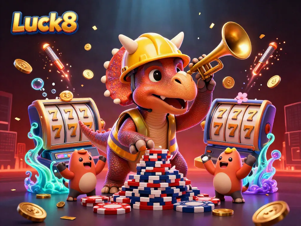 Luck8 animated characters celebrating with casino-themed decorations, engaging players in a vibrant and festive online gaming experience.