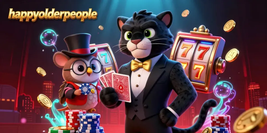 Play exciting slot games with happyolderpeople while engaging with vibrant characters in a festive casino scene.
