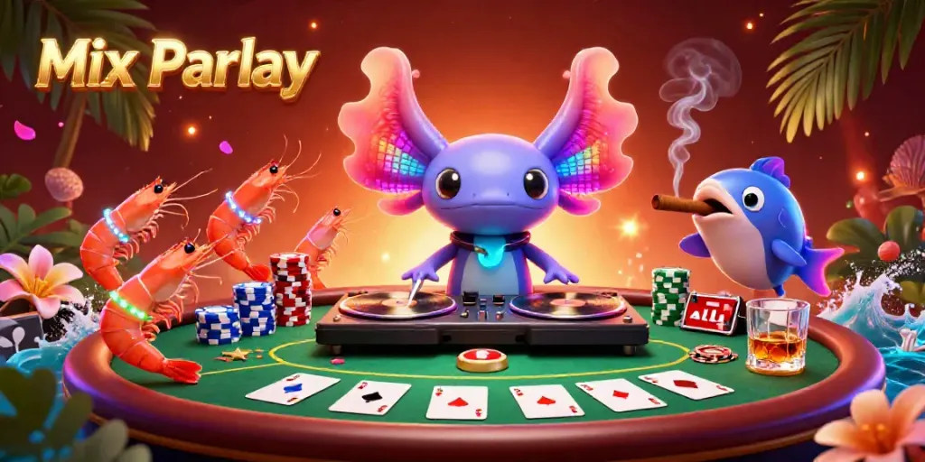 Engaging scene of a mix parlay, showcasing vibrant 3D axolotl DJ with poker chips and cards around, captivating gamblers.