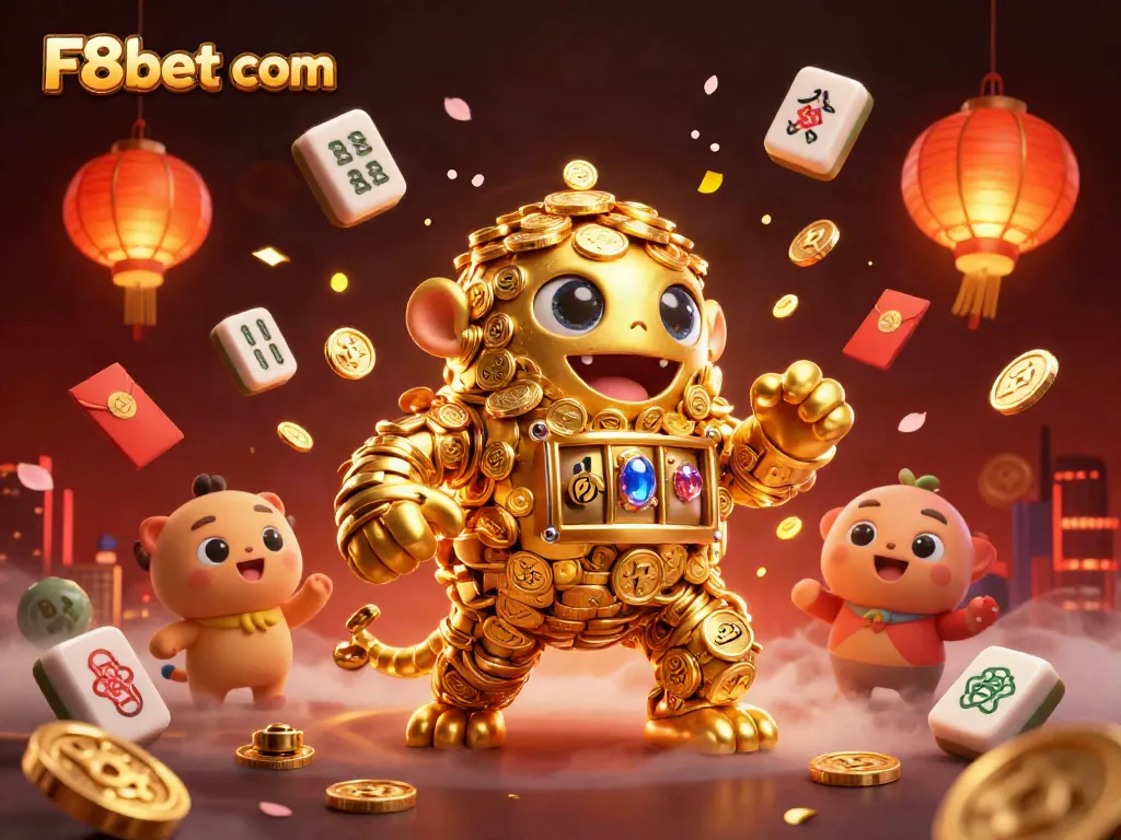 Engage with thrilling gaming action at F8bet com featuring a dynamic 3D illustration of a golden golem.