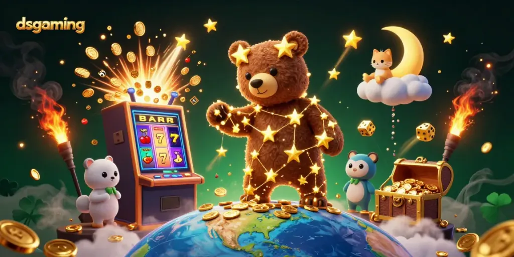 Engage with dsgaming's vibrant online casino experience, featuring jackpots, slot symbols, and a whimsical bear!