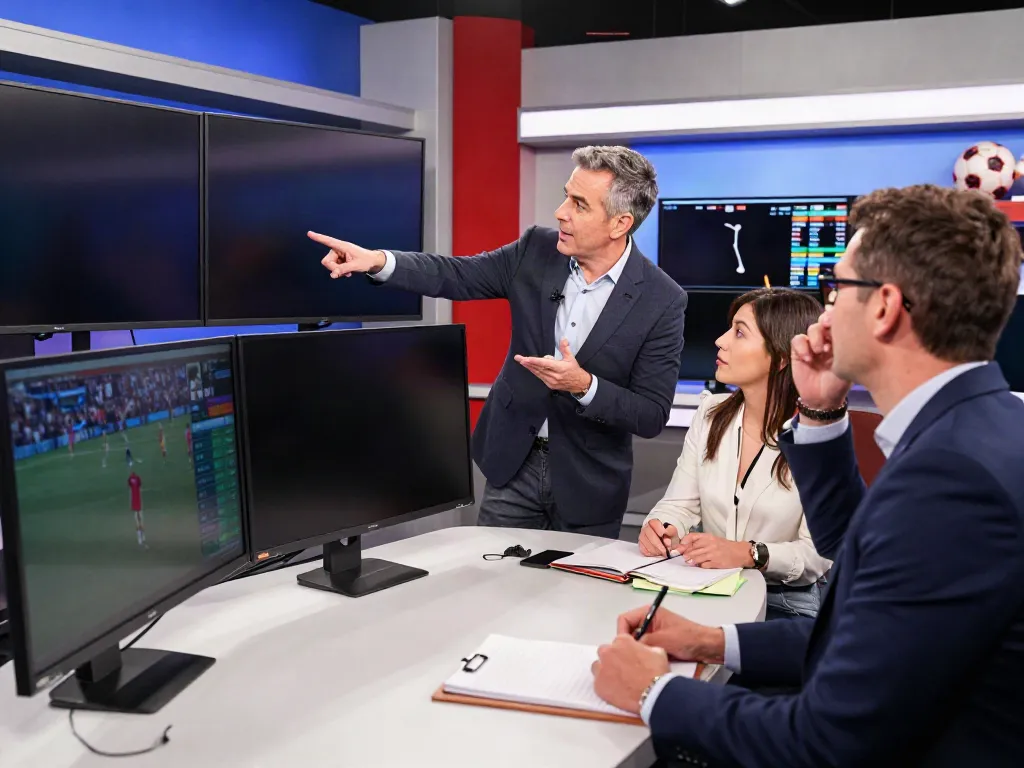 ข่าวตลาดซื้อขายนักเตะ in a vibrant studio with analysts discussing football transfers, showcasing screens with player statistics.