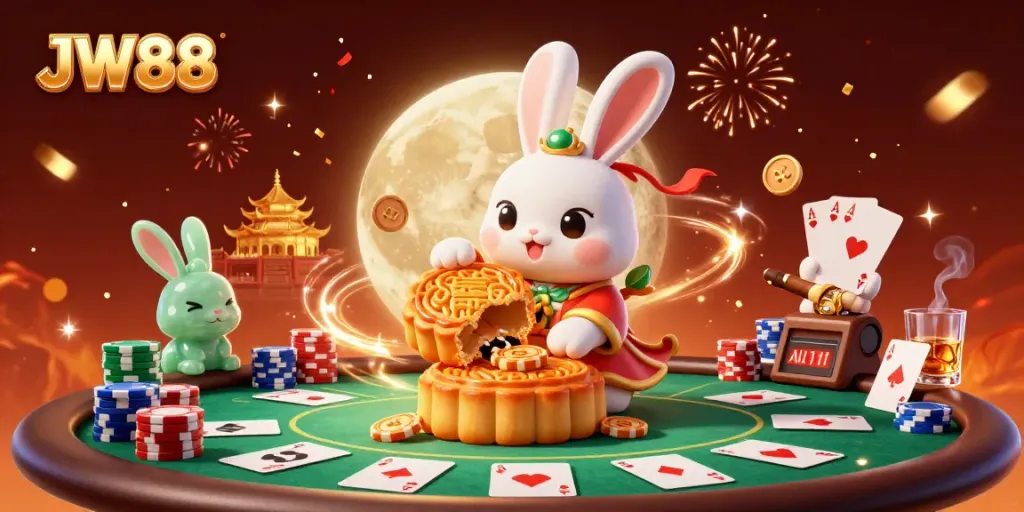 JW88 celebrates traditional aspects of gambling with a whimsical moon bunny illustration and poker elements.
