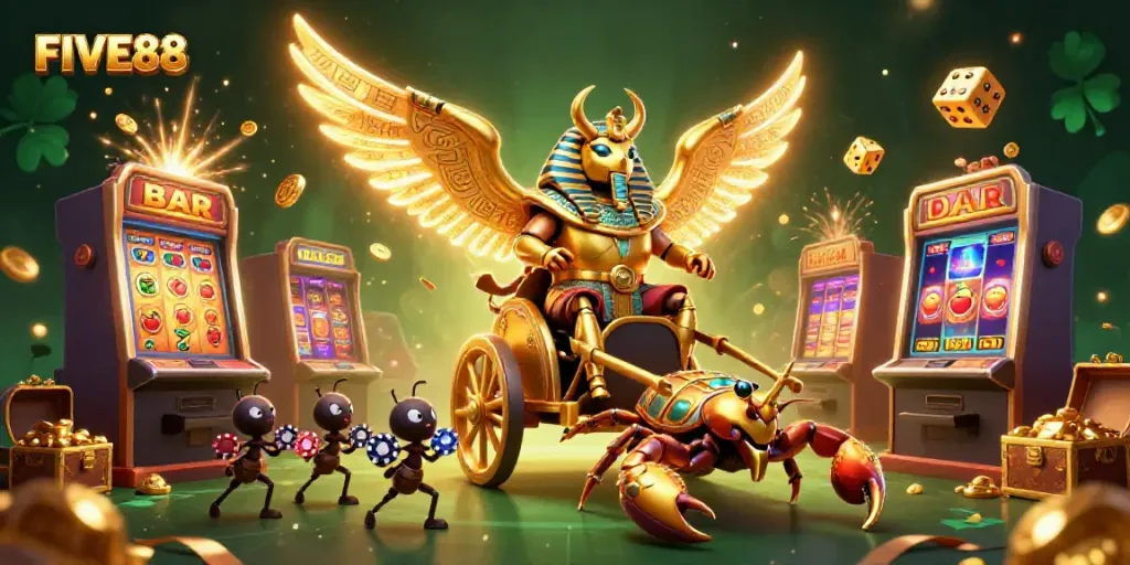 Experience the excitement of FIVE88 with a dynamic casino scene featuring a golden scarab, chariot, and vibrant gaming elements.