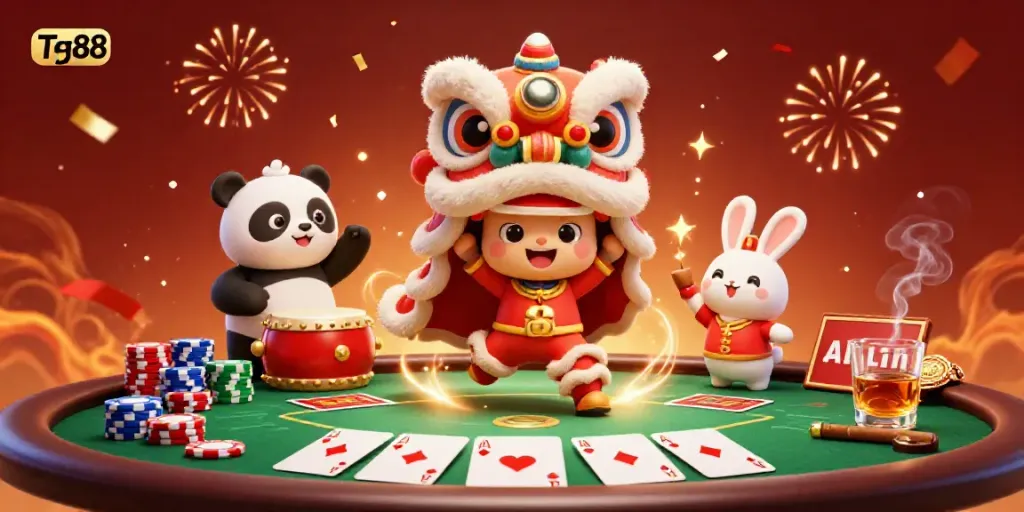 Experience the excitement of Tg88 with vibrant characters performing a lion dance at a poker table surrounded by colorful decorations.