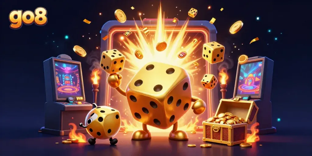 Experience the excitement of go8 with a golden dice golem juggling and casino elements bursting in a vibrant setting.