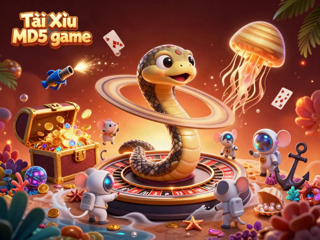 Engaging scene of Tài Xỉu MD5 game with a Saturn ring snake and astronaut mice betting, highlighting the fun of online dice games.
