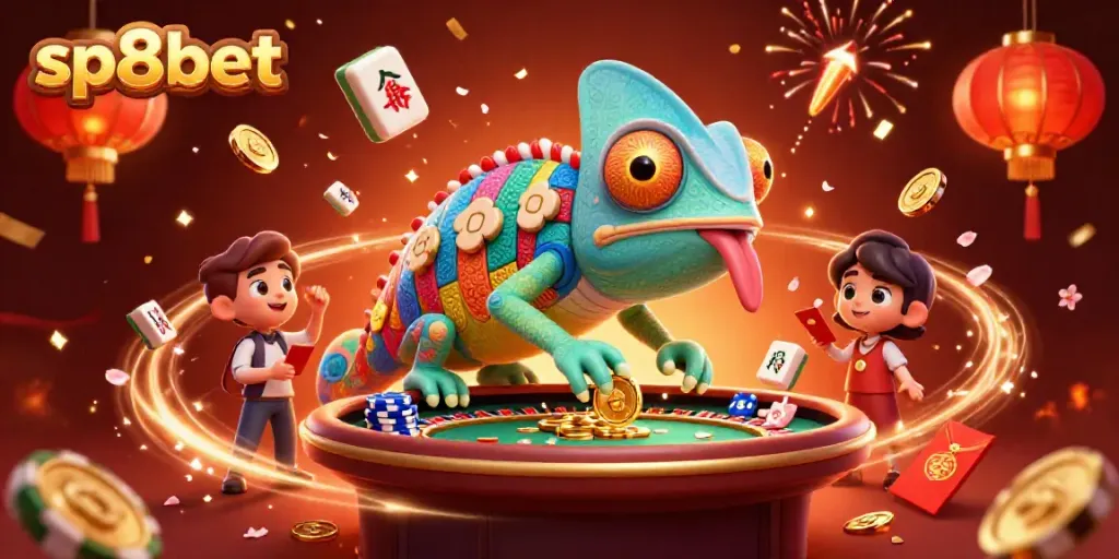 Join sp8bet for thrilling casino adventures with an animated chameleon owner and vibrant game elements.