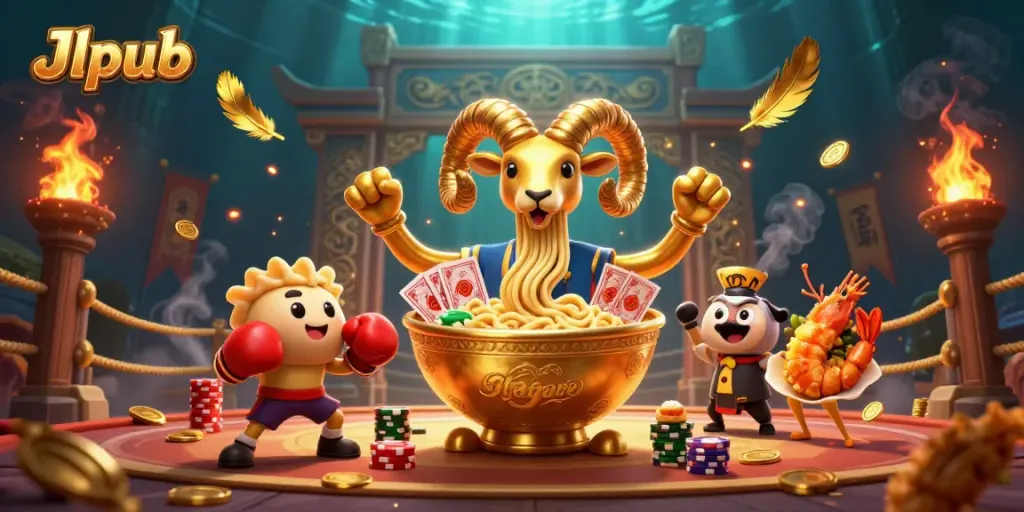 Experience the excitement of Jlpub with a dynamic scene featuring a giant ramen bowl dealer and unique casino elements.