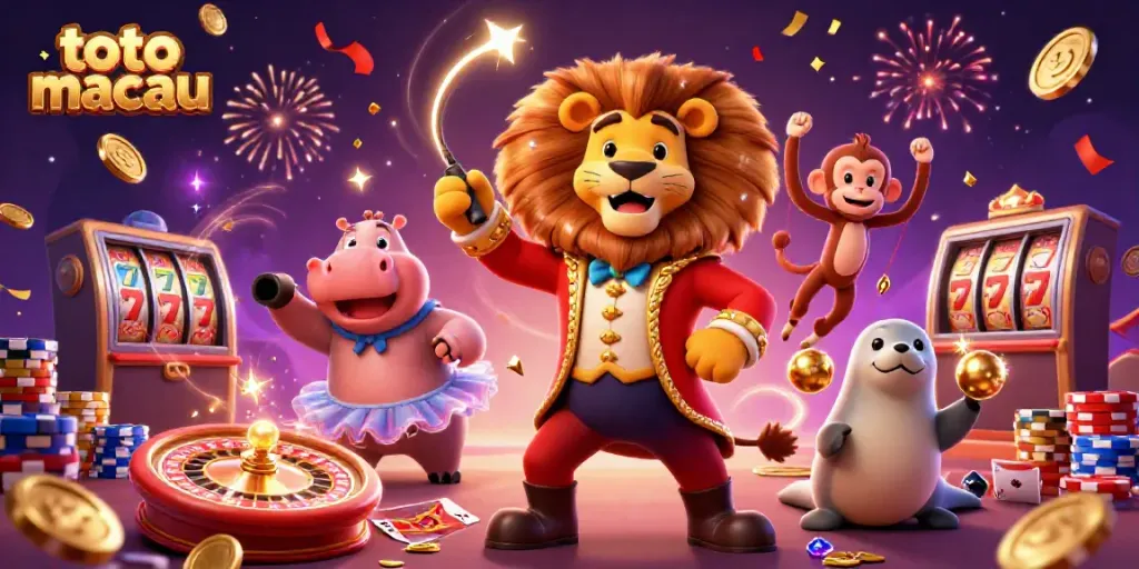 Hasil keluaran toto macau ditampilkan dalam ilustrasi 3D ceria dengan karakter sirkus dan elemen permainan yang dinamis.