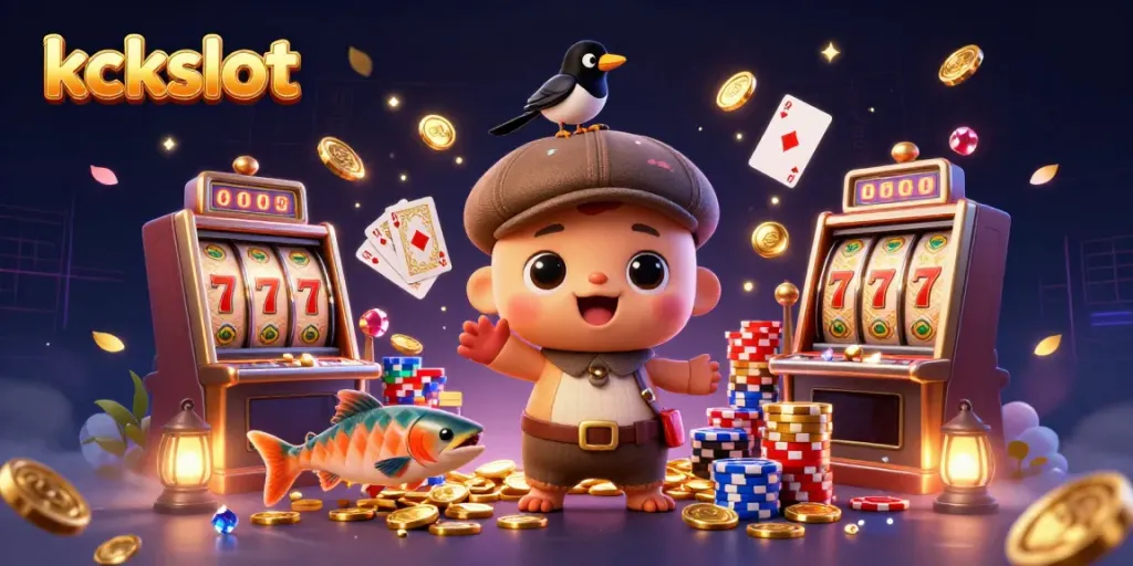 Kckslot menampilkan monster Loch Ness lucu dalam suasana kasino yang penuh dengan koin emas dan simbol slot.