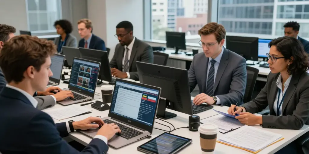 Journalists collaborating on this article on CBS News in an active newsroom