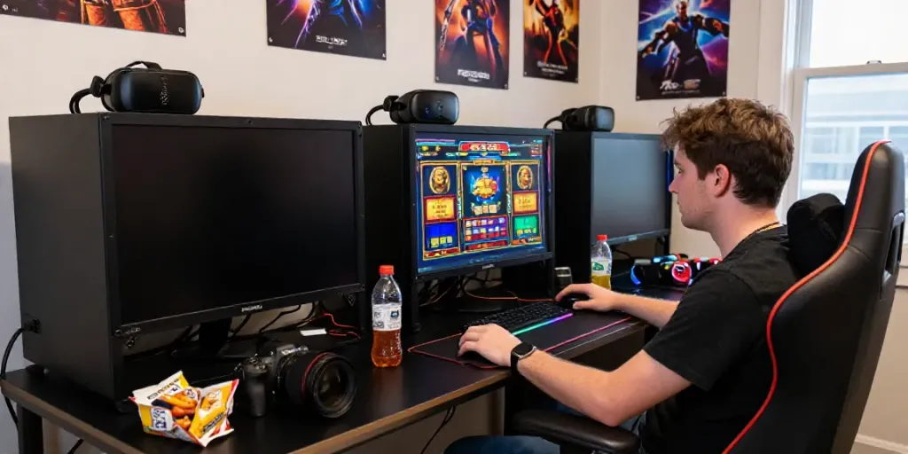 Engaging PESGSLOT gaming scene with a player focused on vibrant slot graphics in a lively gaming room.