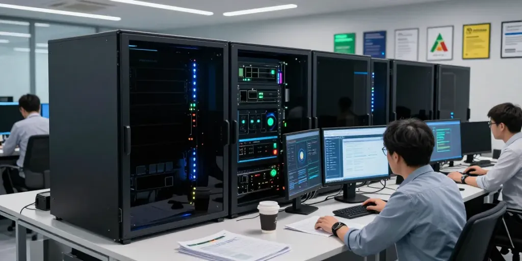 Engineers collaborating in a modern data center focused on AI infrastructure.