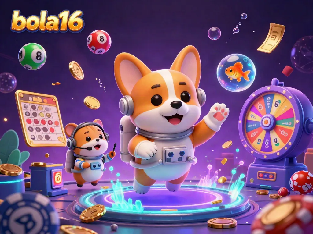 Join the excitement at bola16 with a lively space station casino scene featuring floating characters and dynamic lottery elements.