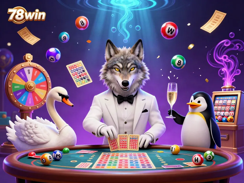 Engage with 78win at an animated casino scene featuring a debonair wolf, elegant swan, and sophisticated penguin.