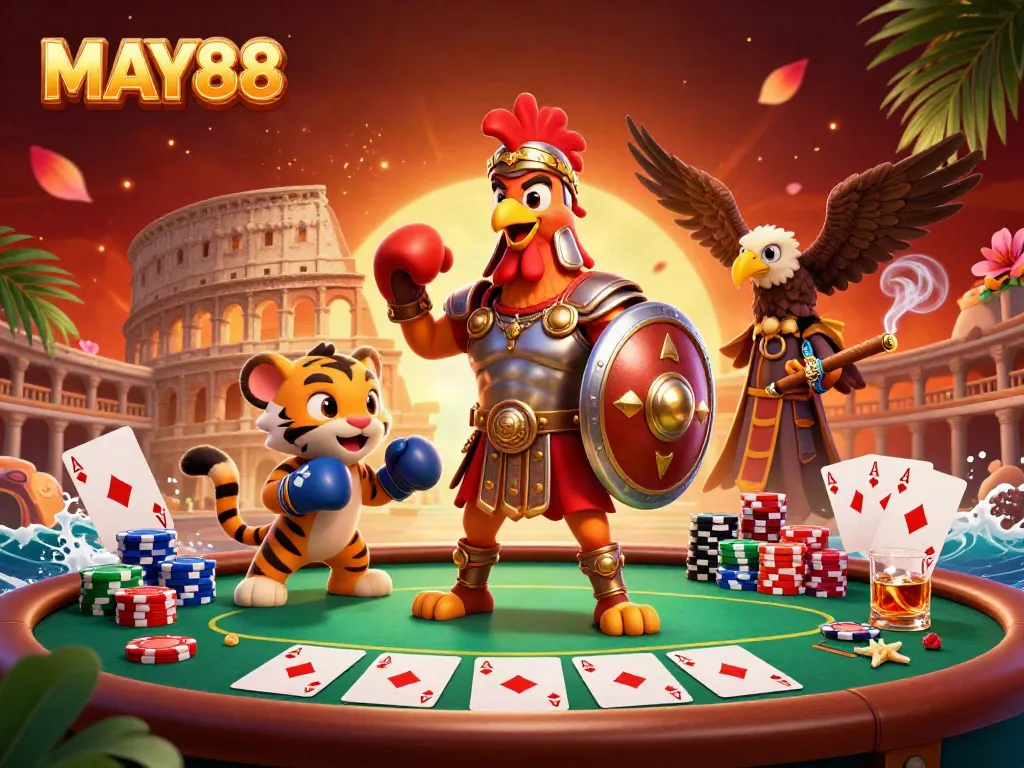 MAY88 champions battling in a vibrant casino arena with poker elements and energetic creatures.