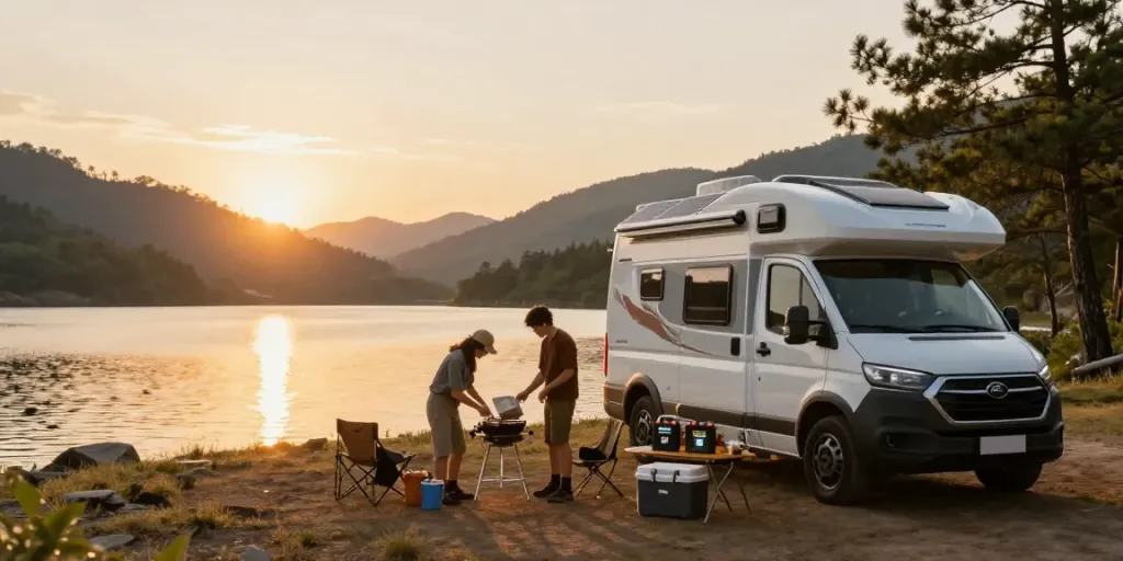 Outdoor camping setup with 12V Lithium Batteries near a serene lake.