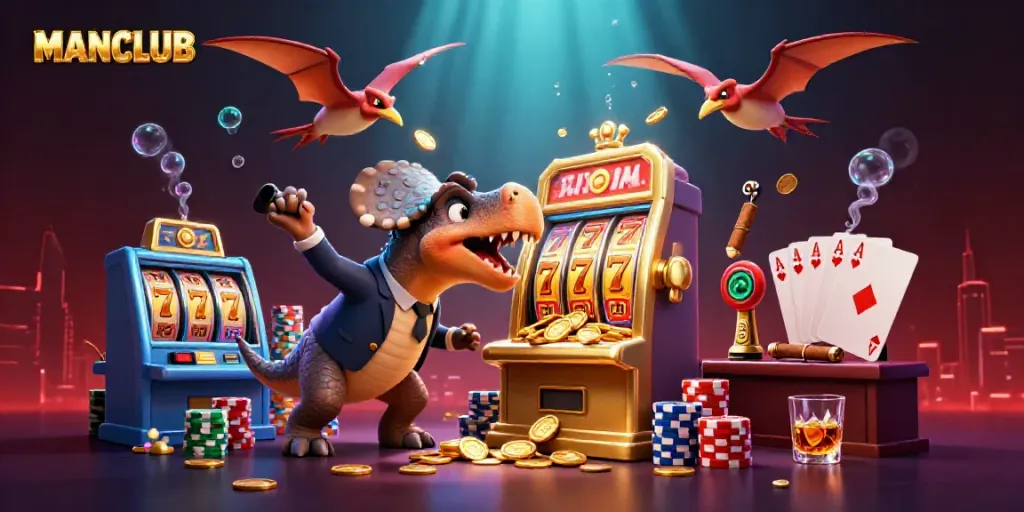 MANCLUB scene showcasing a pachycephalosaurus hitting a slot machine for jackpot coins in a vibrant casino.