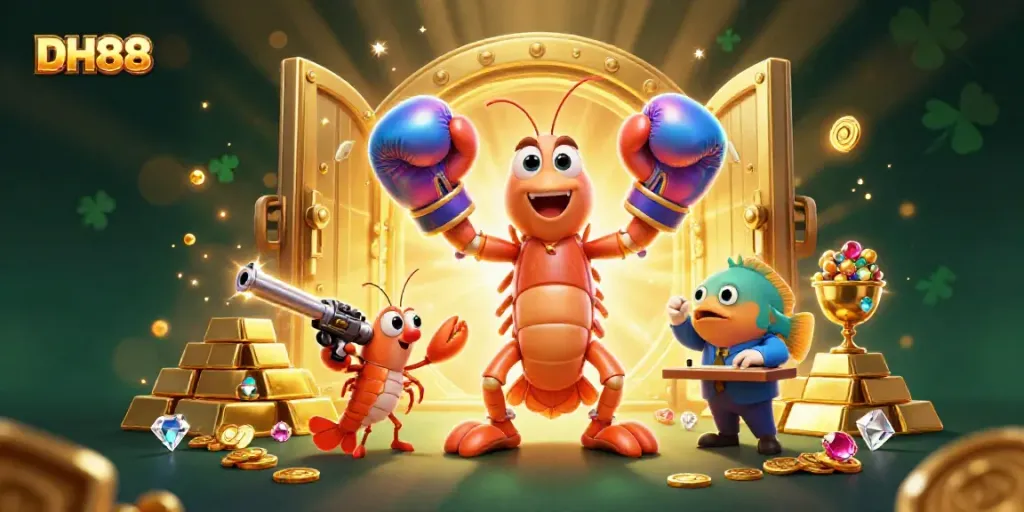 Experience excitement with DH88 as vibrant characters showcase a thrilling casino scene filled with treasures.
