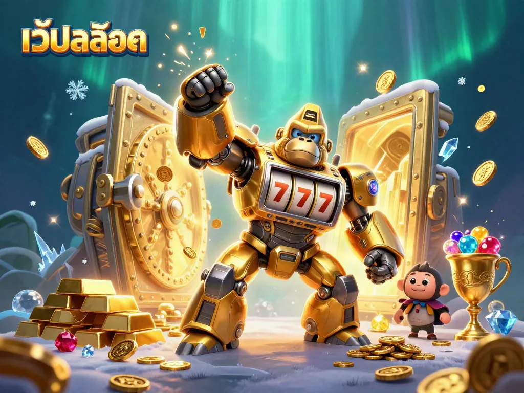 ภาพการ์ตูน 3D ของเว้ปสล้อตที่มีหุ่นยนต์กอริลลาทองคำที่ทำจากเครื่องสล็อตกำลังต่อสู้