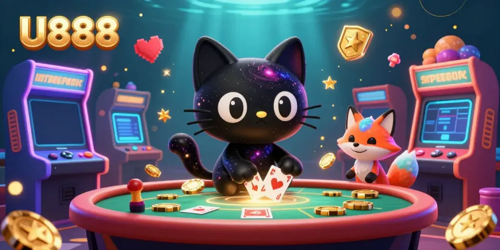Experience thrilling gameplay at U888 with vibrant 3D illustration featuring cosmic casino characters.