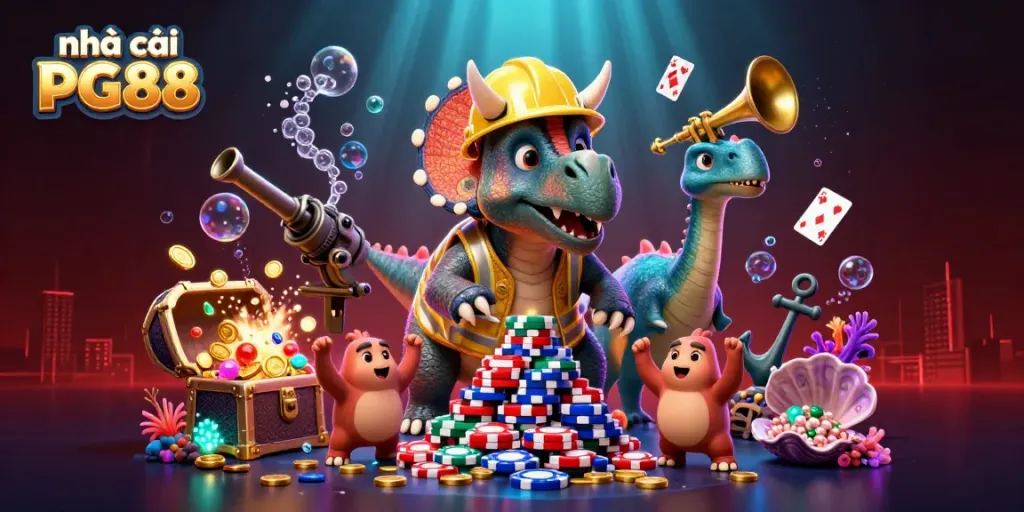 Dynamic celebration scene featuring nhà cái PG88 with animated dinosaurs constructing poker chip towers.