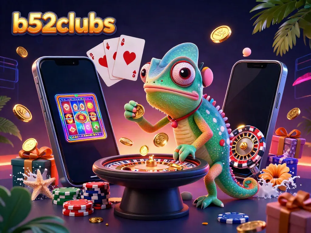 Win big with b52clubs in this vibrant casino-themed 3D illustration featuring a chameleon owner