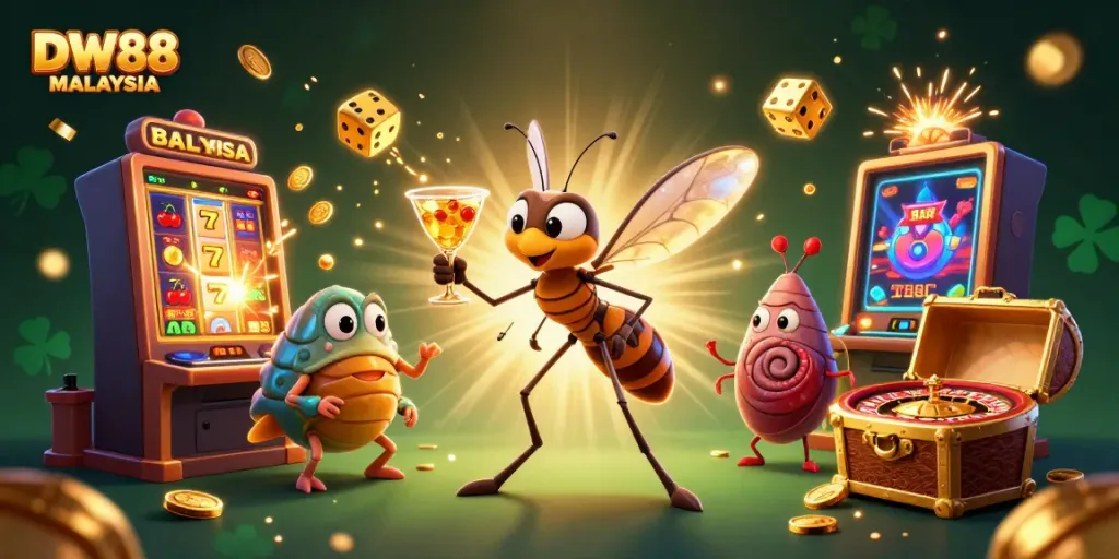 Experience the excitement at DW88 MALAYSIA with a vibrant casino illustration featuring animated characters and gaming icons.