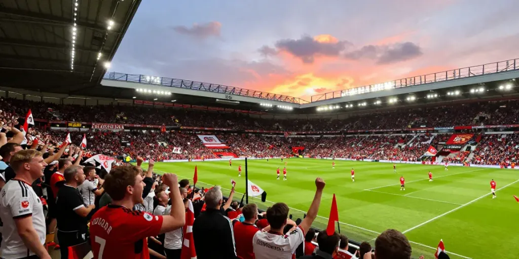 Fans of แมนยู กับ ลิเวอร์พูล celebrating in stadium before match, capturing the intense rivalry and excitement.