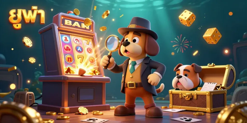 Engage with ยูฟ่า's thrilling casino scene showcasing a detective duo exploring colorful gambling elements in a vibrant atmosphere.