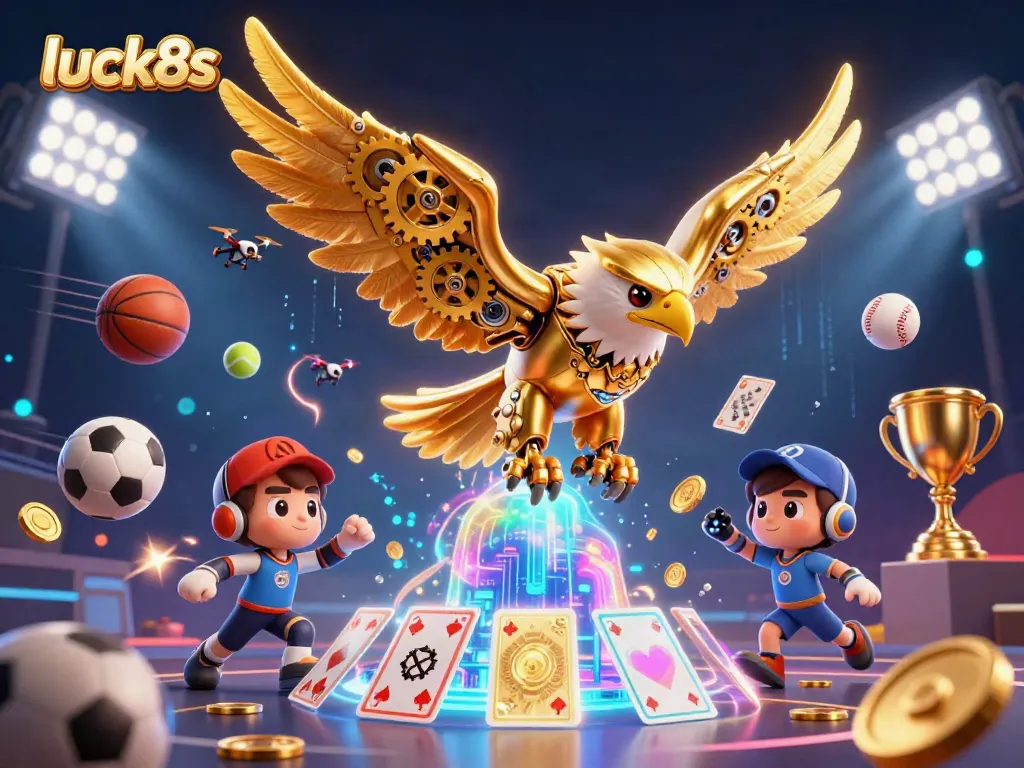 Experience the thrill of luck8s with a dynamic scene featuring a cybernetic eagle, sports elements, and winning atmosphere.
