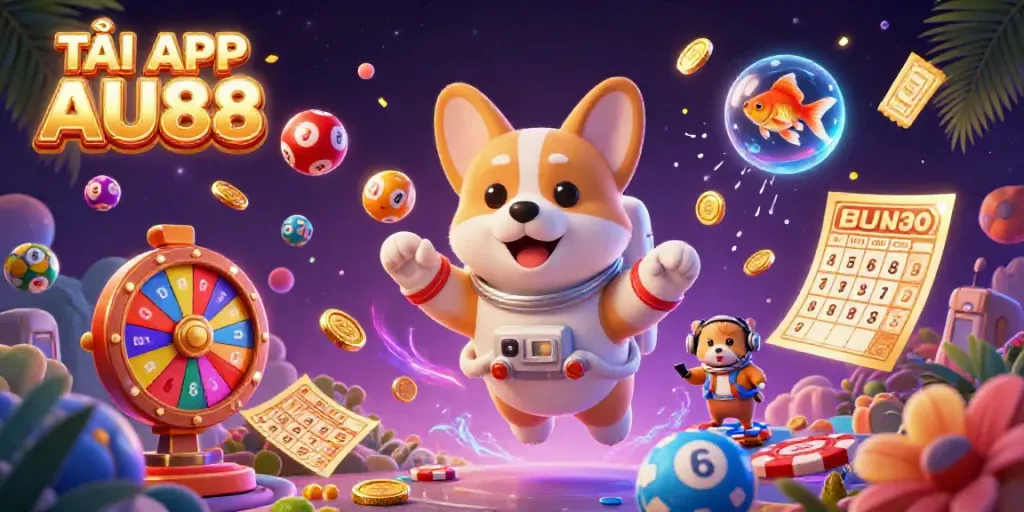 TẢI APP AU88 featuring a vibrant casino scene with floating corgi, hamster and lively lottery elements.