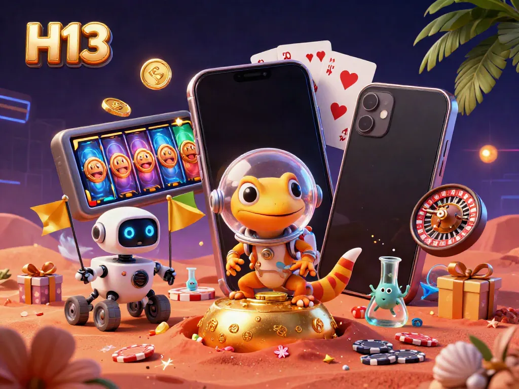 H13 casino scene featuring a Martian gecko discovering a golden casino with vibrant game elements.