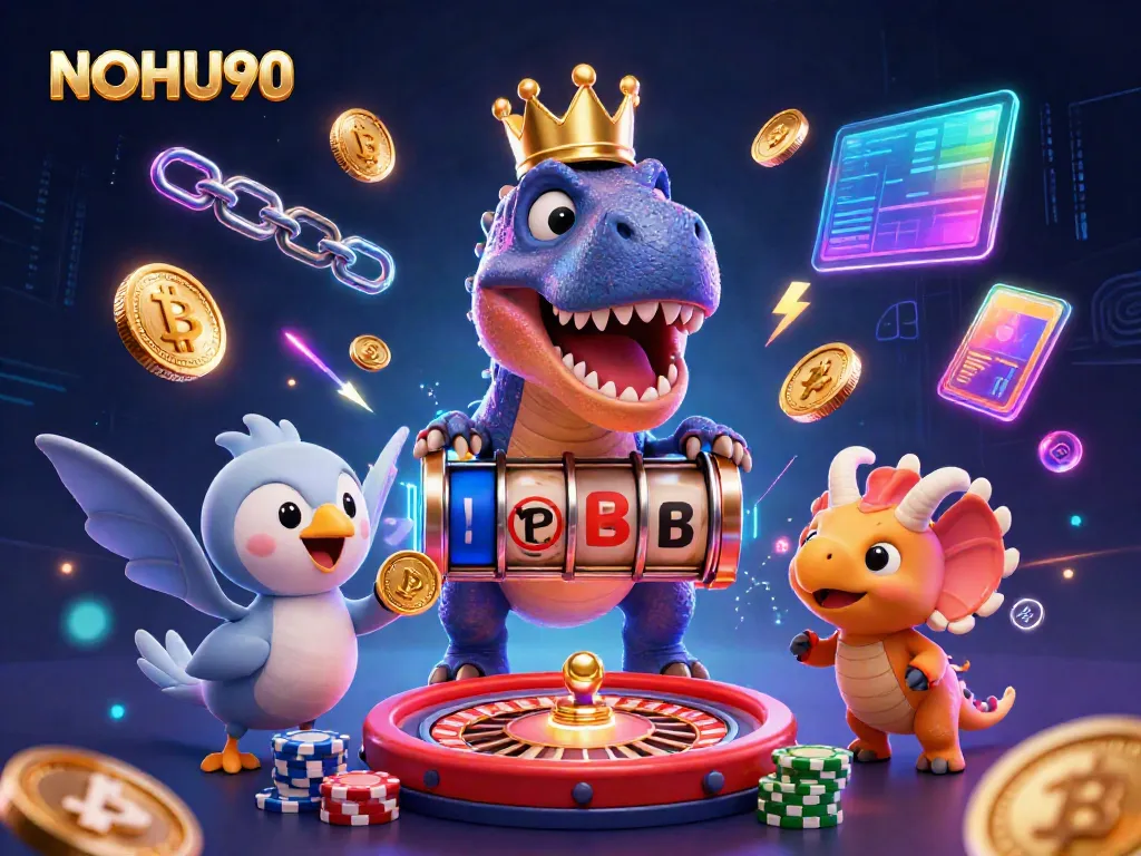 Witness the excitement of NOHU90 as a T-Rex shuffles slot reels, surrounded by vibrant casino elements.