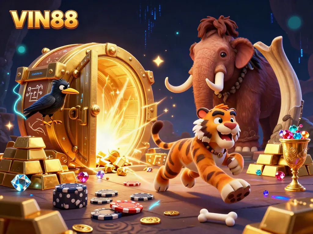 Engage with the dynamic world of VIN88 at a whimsical prehistoric casino with cavemen.