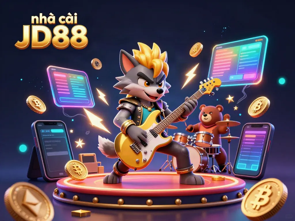 Experience thrilling fun at nhà cái JD88 with vibrant casino scenes full of dynamic characters and glowing crypto elements.
