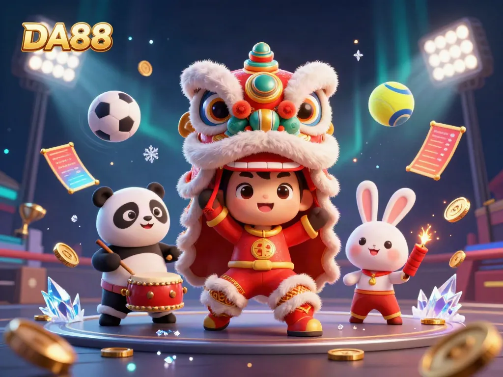 DA88 illustration showcasing lively casino elements with lion dance, drumming panda, and sports gaming items.