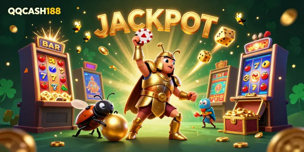 Experience the excitement of QQCASH188 with a triumphant beetle in casino glory, celebrating a big win!