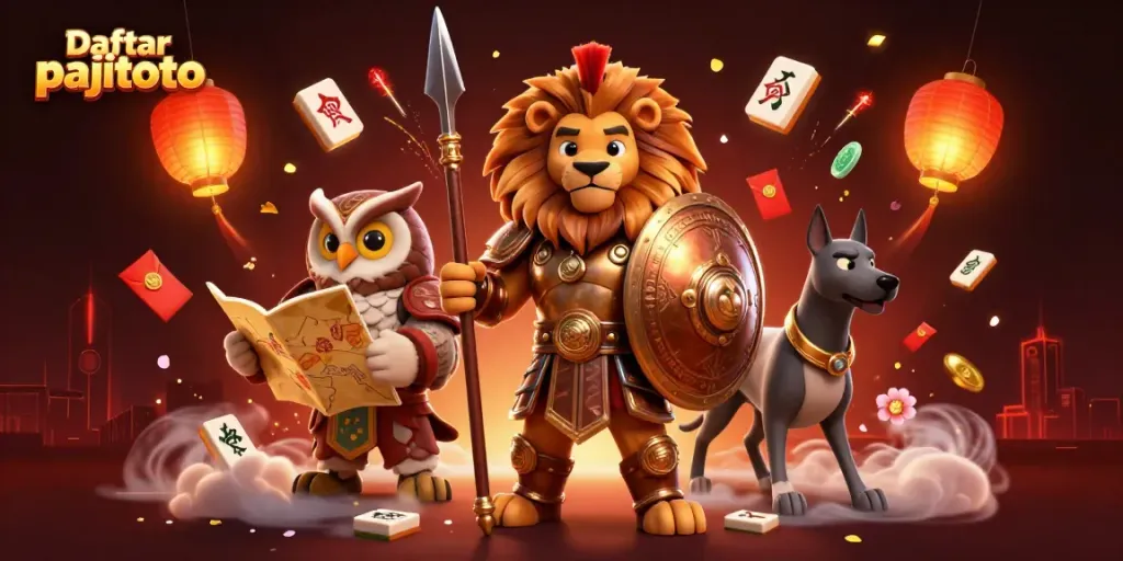 Join the action with Daftar pajitoto featuring a Spartan lion, tactical owl, and greyhound amid vibrant casino elements.